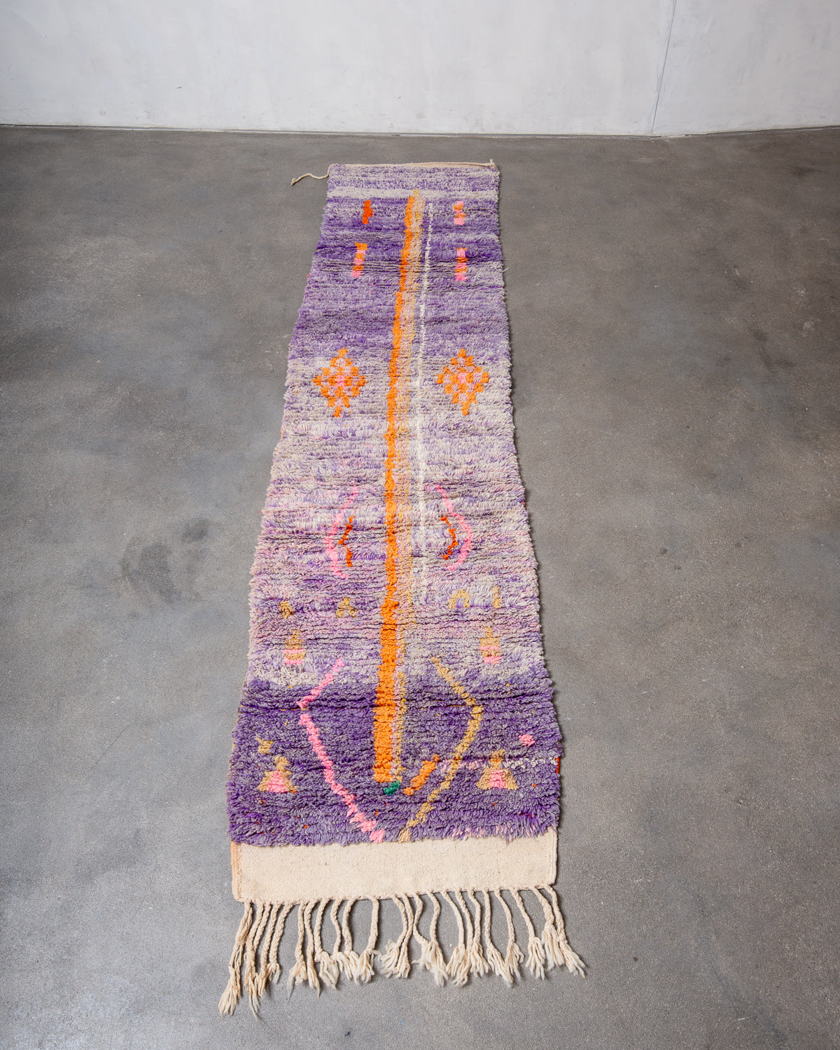 Modern, designer, handcrafted Berber runner rug from Morocco. Vintage carpet with beautiful colours and patterns and fluffy texture